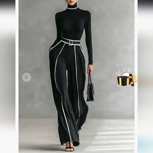 MODESEES White Trimmed Turtleneck Top Wide Leg Pants Belt Two-Piece- XL